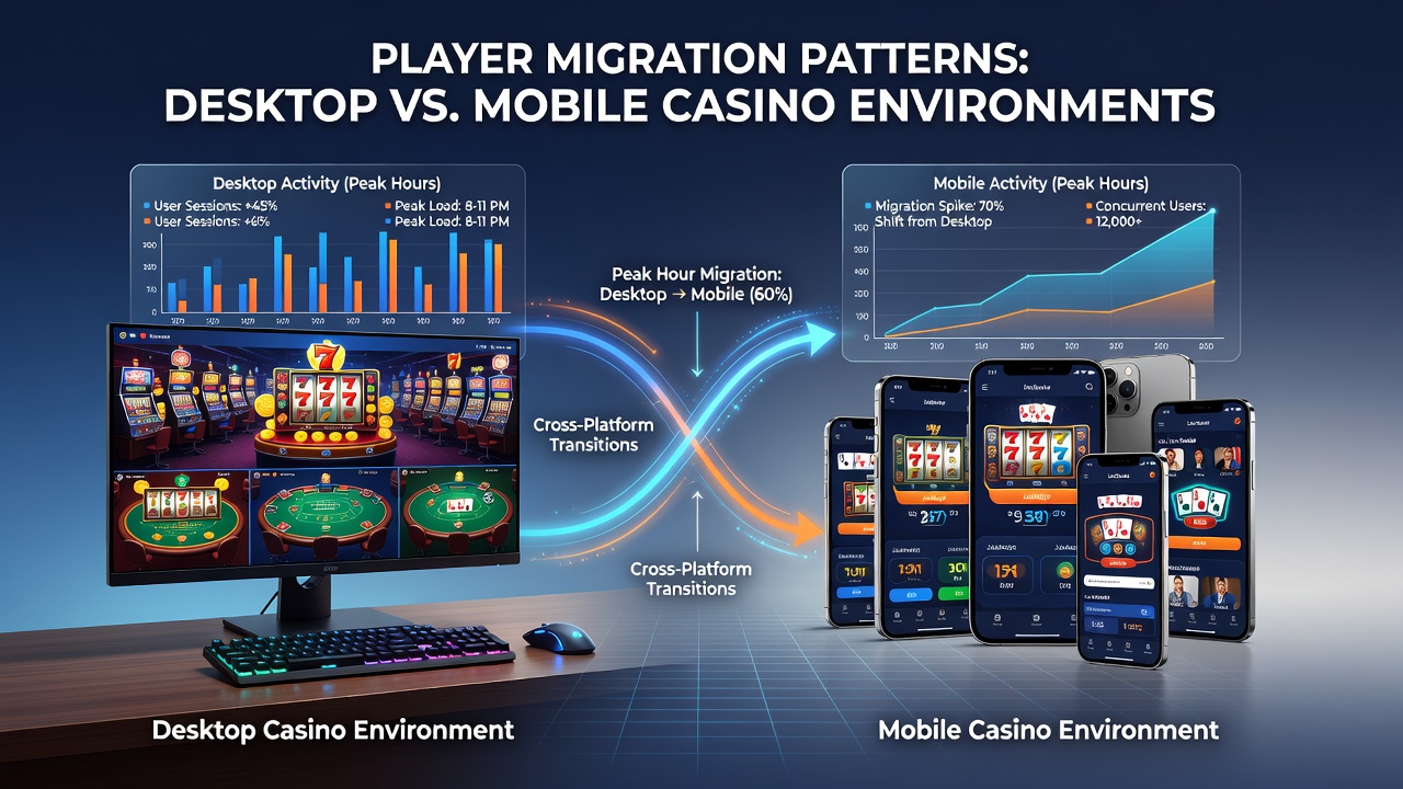 Graph illustrating peak hour casino activity split between desktop and mobile devices