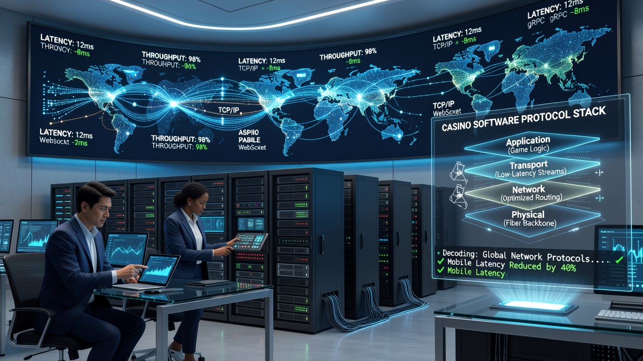 Data center racks with servers handling casino software traffic and network protocols