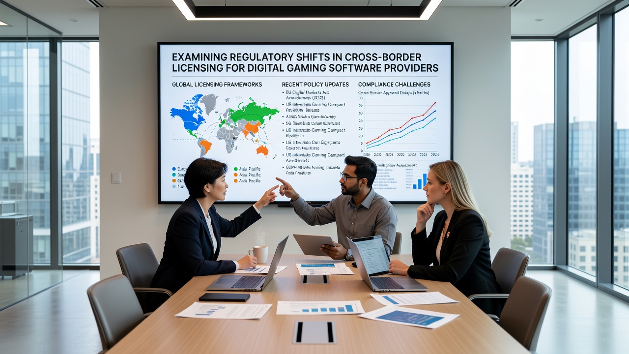 Digital gaming software interface displaying licensing compliance dashboards across multiple jurisdictions