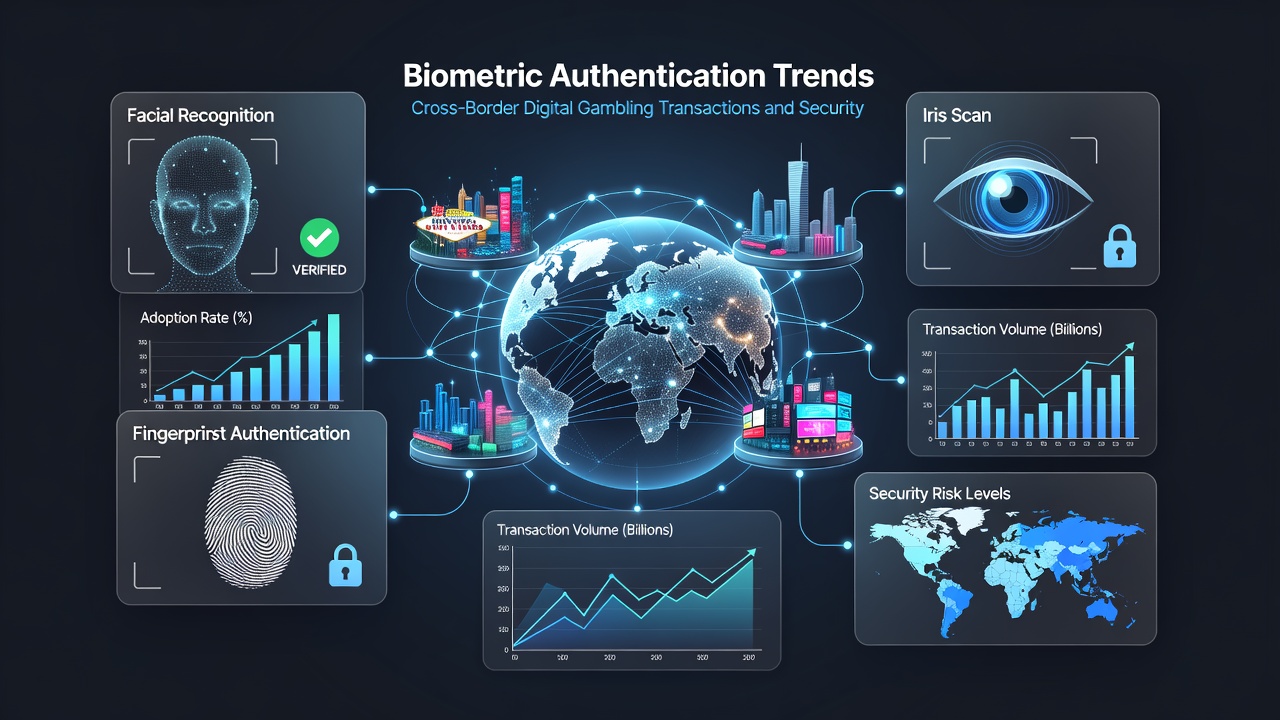 Security dashboard displaying real-time biometric verification logs and cross-border transaction monitoring in a gambling platform