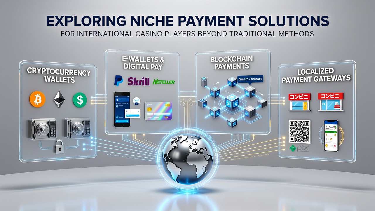 Illustration of diverse digital payment icons including cryptocurrencies, e-wallets, and secure transfer symbols arranged around a casino chip motif