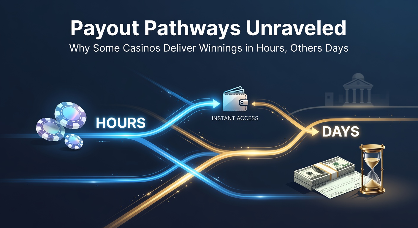 Digital illustration of a winding pathway splitting into fast and slow lanes, symbolizing quick versus delayed casino payouts with clocks and money symbols along the routes