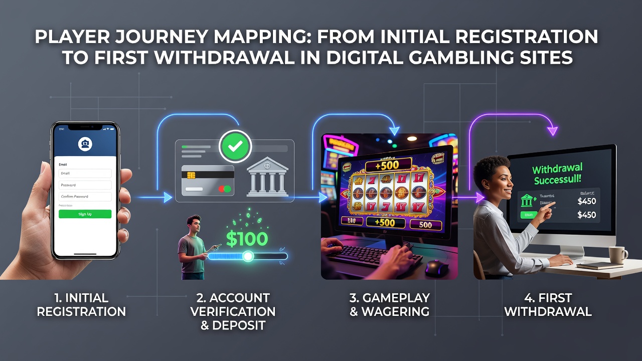 Illustration of a digital gambling platform interface showing registration and account setup stages