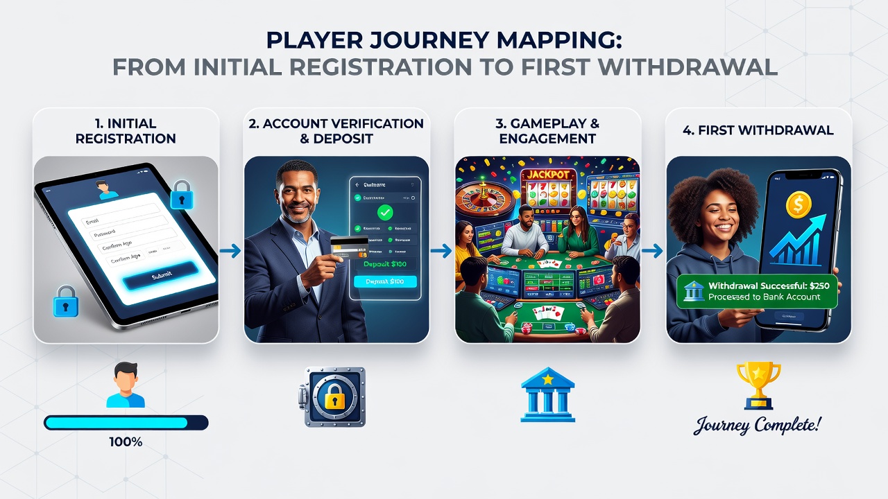 Flowchart style graphic depicting stages from account funding through gameplay to withdrawal approval on a gambling site
